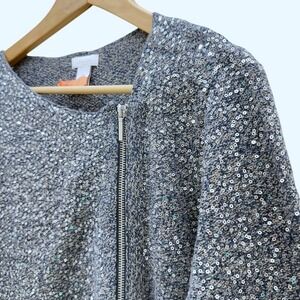 Chico's Gray Sequin Knit‎ Cardigan Full Zip Womens 2 Career Casual Winter Chic